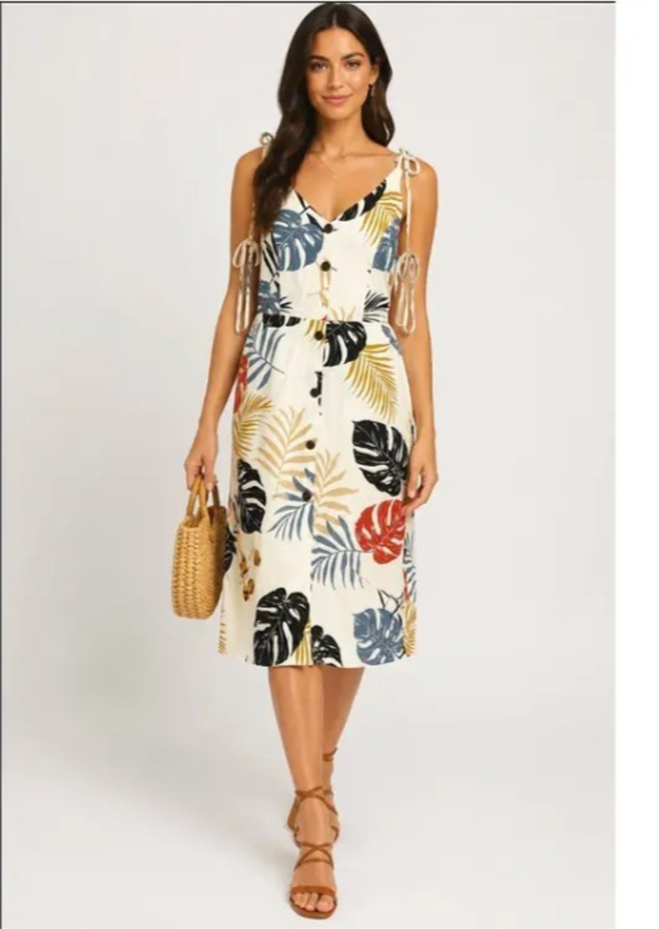 Monteau LA Tropical Linen Blend Midi Dress Button Front Vacation Sundress Small